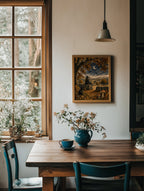 A framed landscape painting hangs on a warm off-white wall in a rustic dining room setting, featuring a wooden table, teal chairs, a blue teapot, and a window looking out onto a wooded area.
