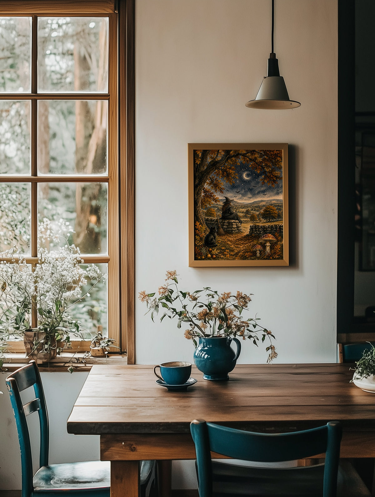 A framed landscape painting hangs on a warm off-white wall in a rustic dining room setting, featuring a wooden table, teal chairs, a blue teapot, and a window looking out onto a wooded area.