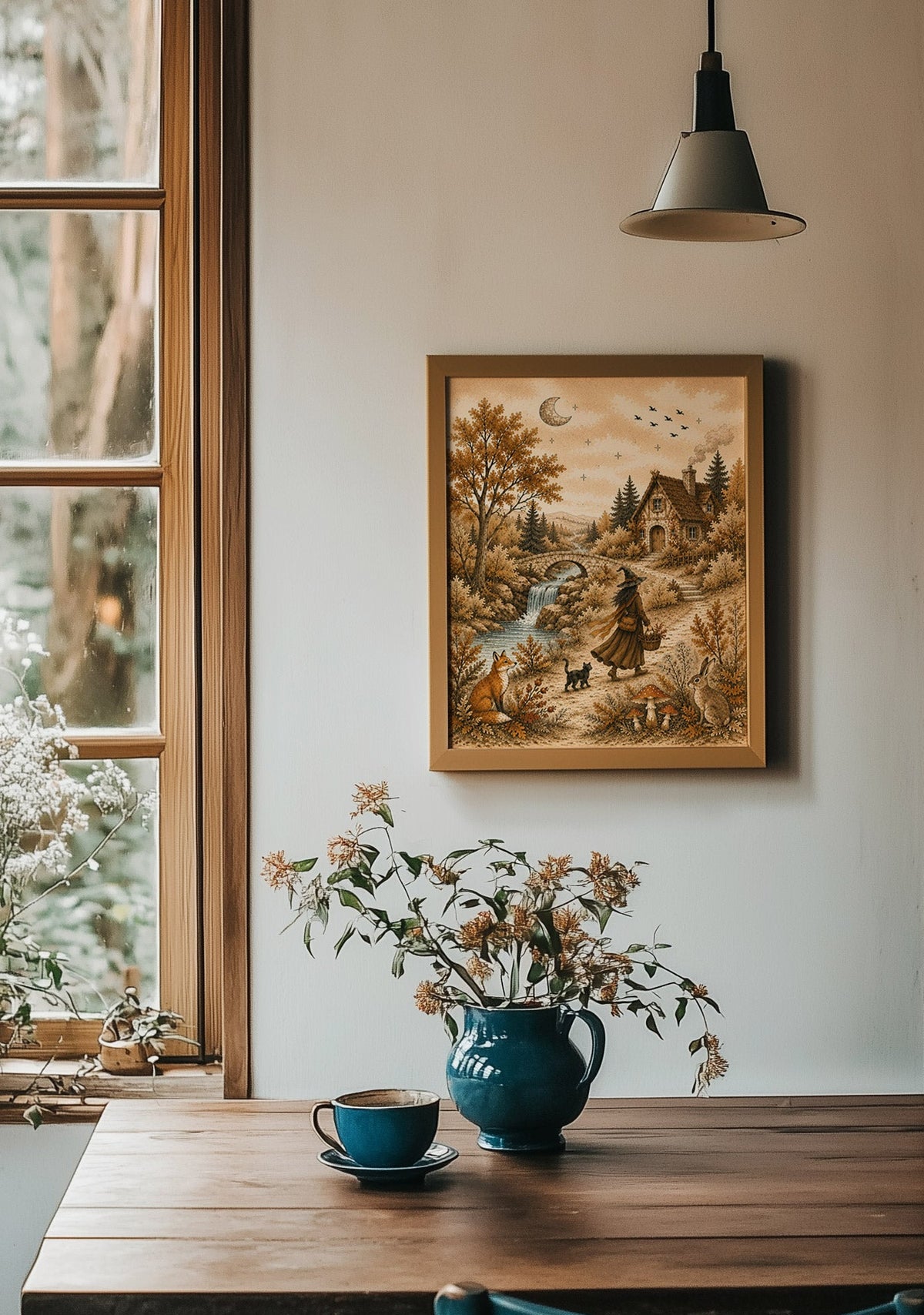 A framed vintage-style landscape painting hangs on a warm off-white wall above a rustic wooden dining table. The scene includes a window with outdoor foliage, a hanging pendant light, a blue ceramic pitcher and cup on the table, and teal chairs.