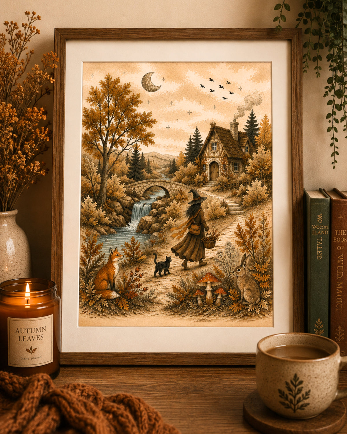 A framed art print featuring a whimsical autumn landscape with a witch walking with a cat and dog near a stream, displayed on a wooden table in a cozy room setting with a candle, mug, and books.