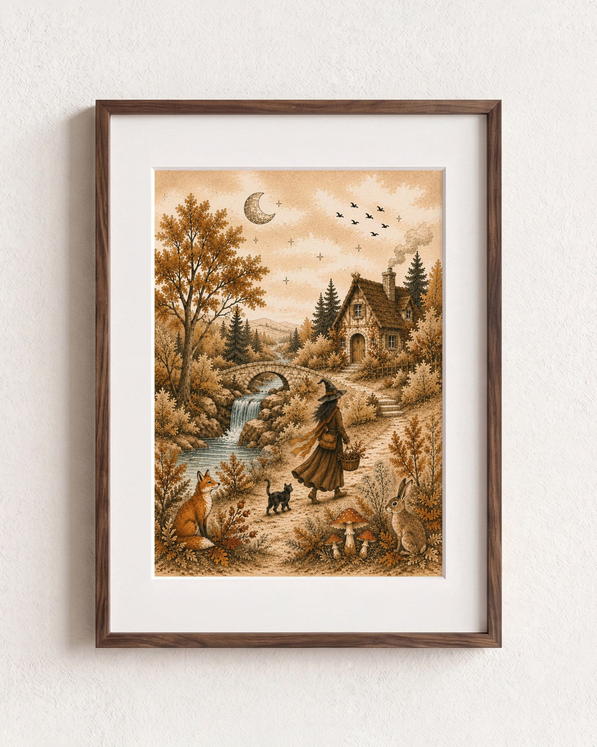 A framed art print featuring a whimsical autumn fantasy illustration of a witch walking toward a cottage by a stream, with a fox, cat, mushrooms, trees, and a crescent moon. The print is matted in white and enclosed in a dark brown wooden frame, hanging on a textured off-white wall.