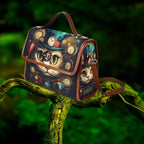 Colorful handbag with cat design on a branch against a green blurred background