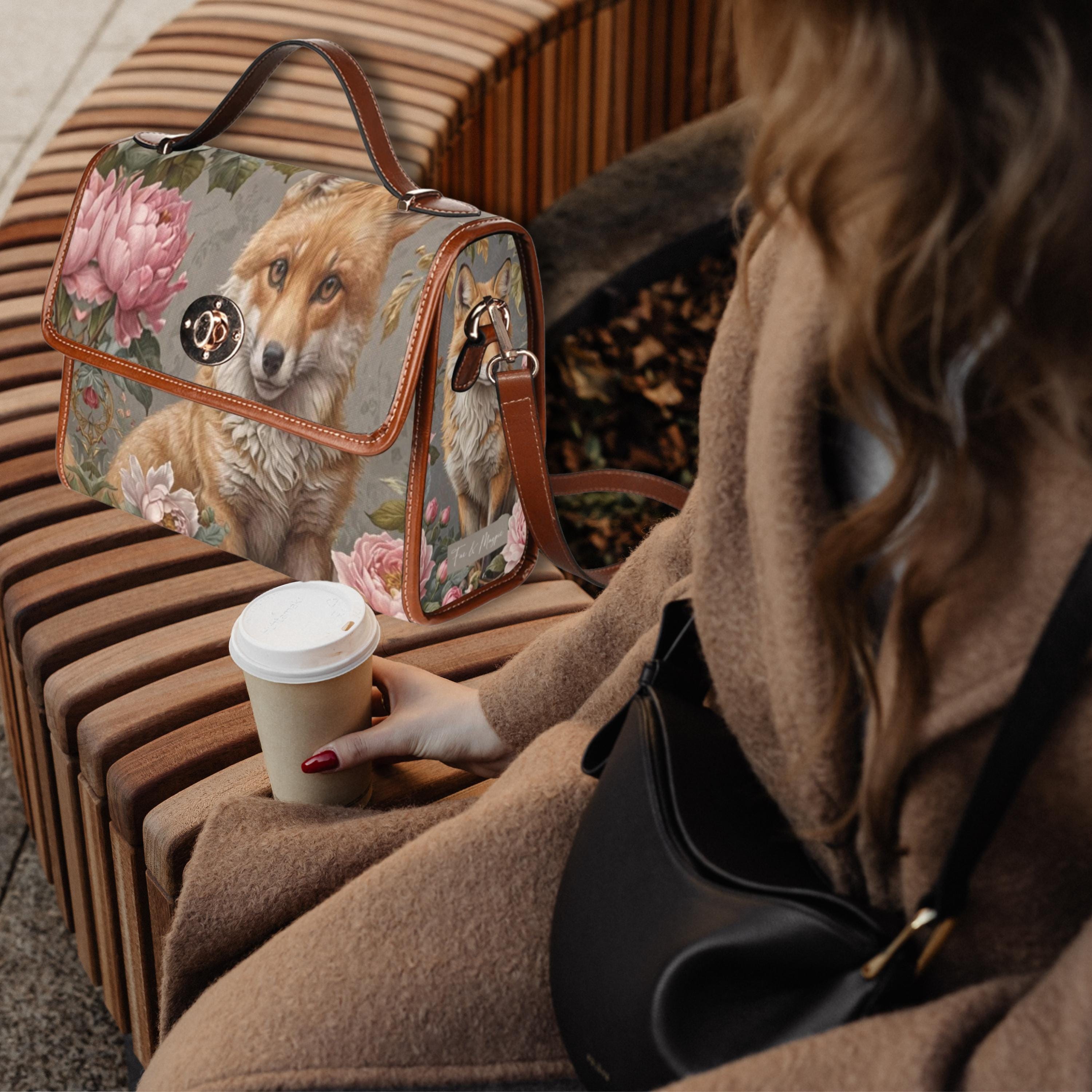 Person sitting on a bench with a floral-patterned handbag featuring a fox design and holding a coffee cup.