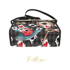 Handbag with playing card design and 'Fae & Magpie' branding on a white background