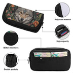 Black pouch with wolf design and floral patterns, featuring details on material, capacity, stickiness, and pockets.