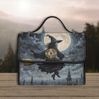 Handbag with witch design against a moonlit sky and cityscape background