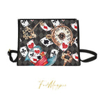 Handbag with playing card and clock design on a black and white checkered background, featuring the brand 'Fae & Magpie'.