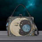 Fae & Magpie Blue Moon vintage handbag with leather strap and intricate design, stylish accessory for everyday use.
