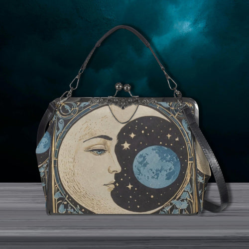 Fae & Magpie Blue Moon vintage handbag with leather strap and intricate design, stylish accessory for everyday use.