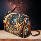 Fae & Magpie Celestial Dreams satchel handbag with moon and star patterns, featuring a leather strap and metallic accents.