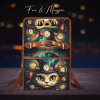 Handbag with cat and clock design on a dark background