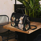 Fae & Magpie Bengal Cat satchel handbag with a detailed Bengal cat design, featuring a structured leather-style exterior and gold hardware.