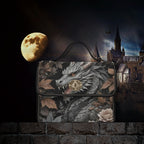 Handbag with dragon design against a castle and moon backdrop
