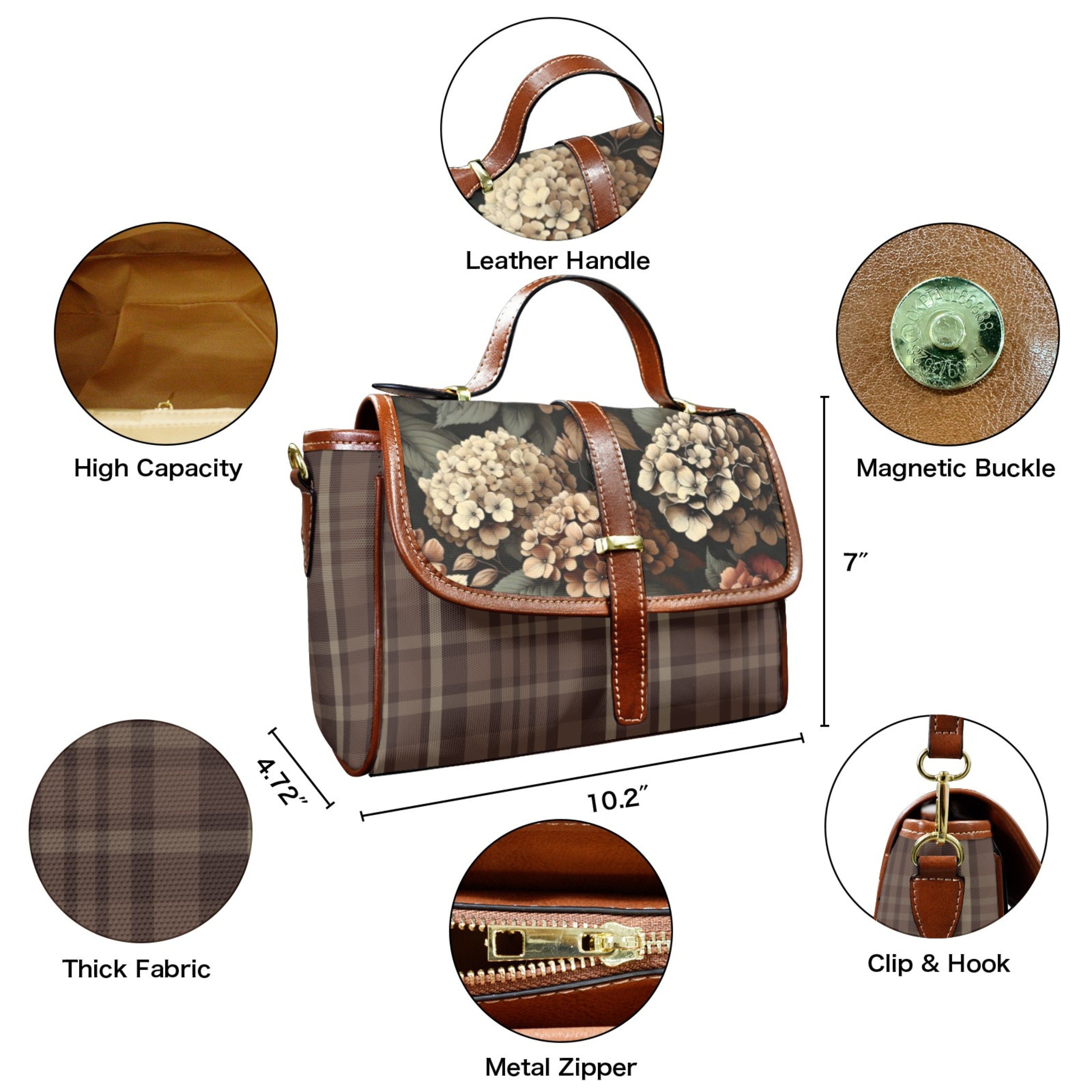 Handbag with floral design and plaid pattern, featuring various features and measurements.