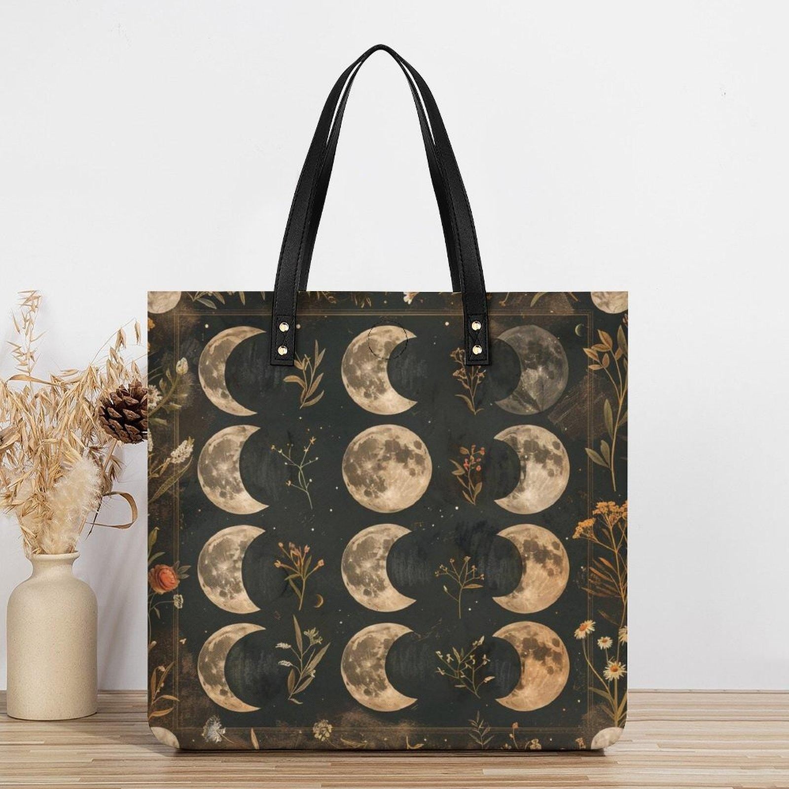 Moon Phase Faux Leather Tote Bag