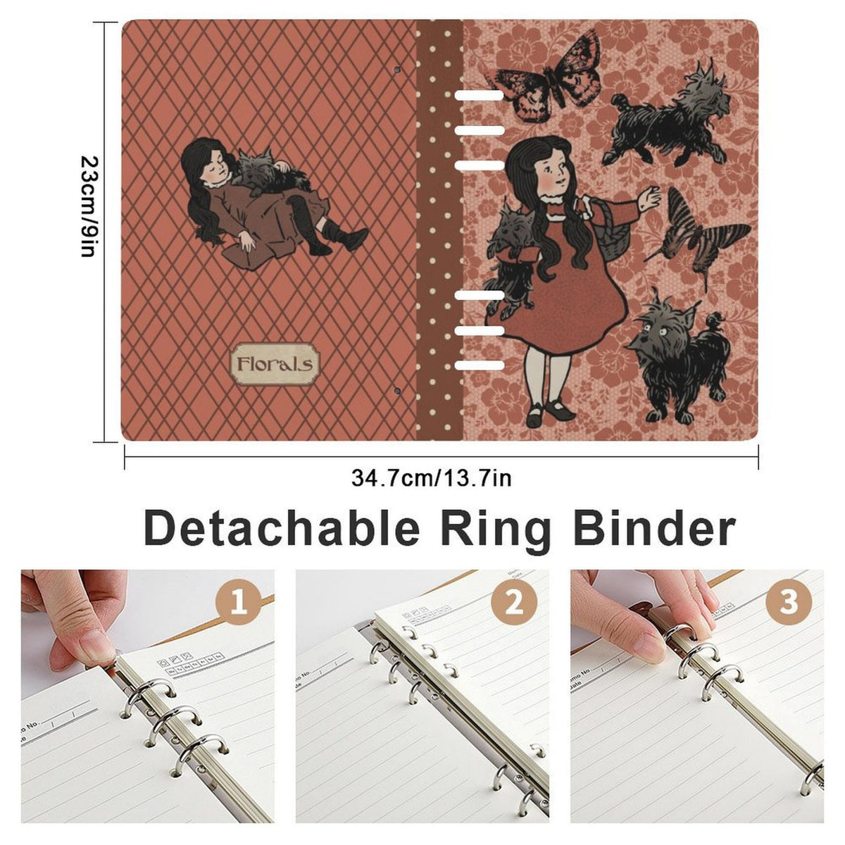 Girl and dog planner by Fae & Magpie showing a weekly layout with colorful illustrations and decorative elements on a white background.