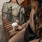 Person sitting on a bench with a floral-patterned handbag and a coffee cup.