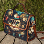 Handbag with cat and clock design on a wooden surface with greenery in the background